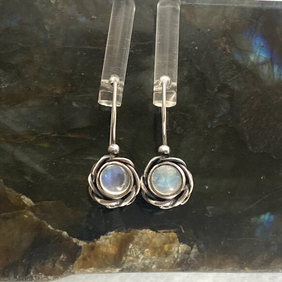 Sterling Silver 925 Round Floral Moonstone Drop Dangle Earrings - Picture 4 of 16
